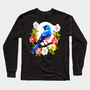 Cute Blue Bird Surrounded by Bold Vibrant Spring Flowers Long Sleeve T-Shirt